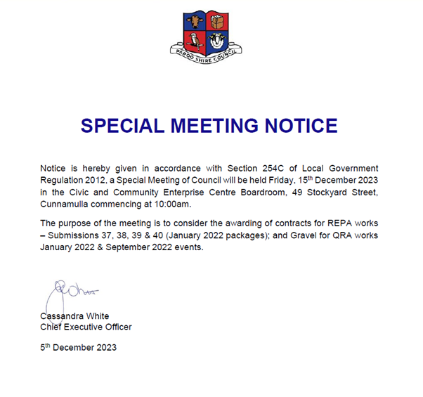 Special meeting notice 15 december 2023