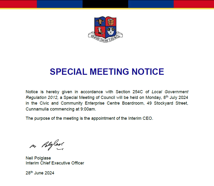 Special Meeting Notice, 28th June 2024